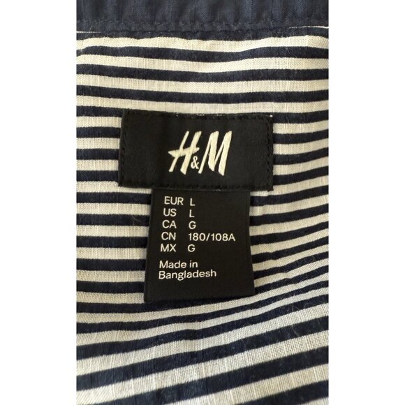 H&M Blue White Striped Long Roll Tab Sleeve Button Up Tunic Women's Sz L - Picture 10 of 12